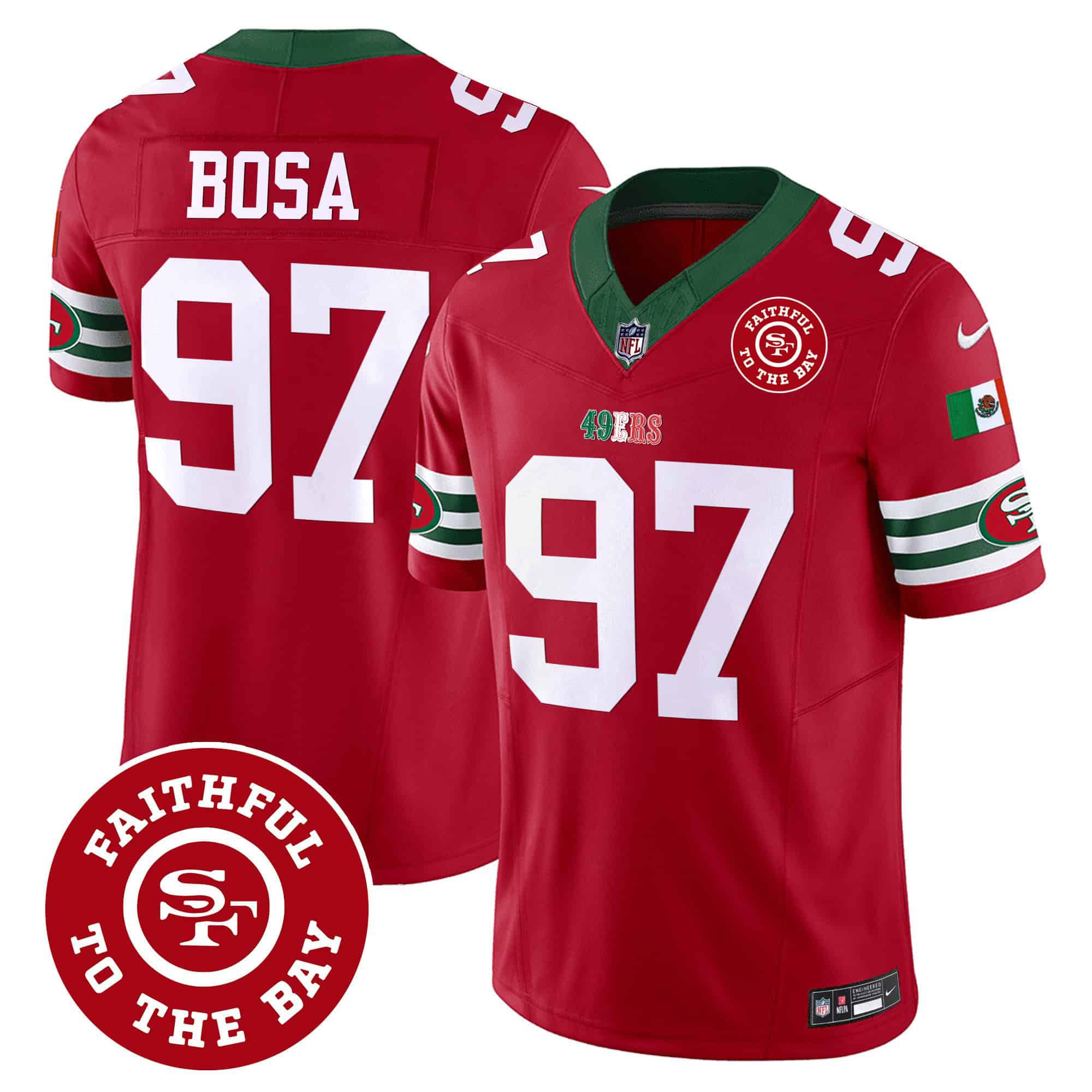 Men San Francisco 49ers 97 Bosa Red 2024 Nike Mexico Faithful To The Bay Patch Vapor NFL Jersey